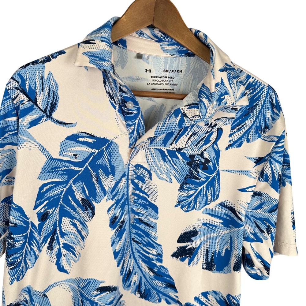 Under Armour Mens Playoff Polo Shirt Small Blue White Tropical Palm Leaf Golf